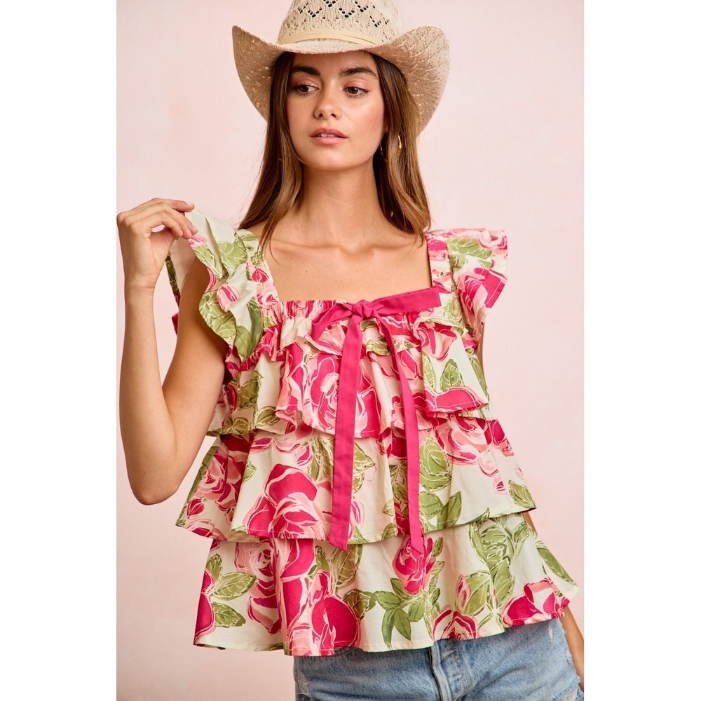 BiBi Floral Print Woven Bow Tie Ruffle Square Neck Top - Large